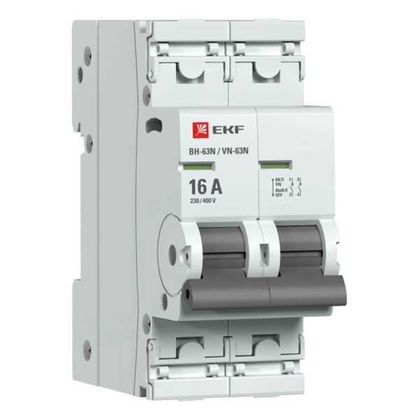 Рубильник модульный EKF PROxima ВН-63N (New) 2P 16А однофазный (выключатель нагрузки)