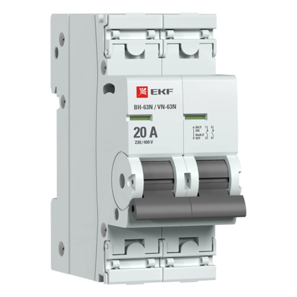 Рубильник модульный EKF PROxima ВН-63N (New) 2P 20А однофазный (выключатель нагрузки)