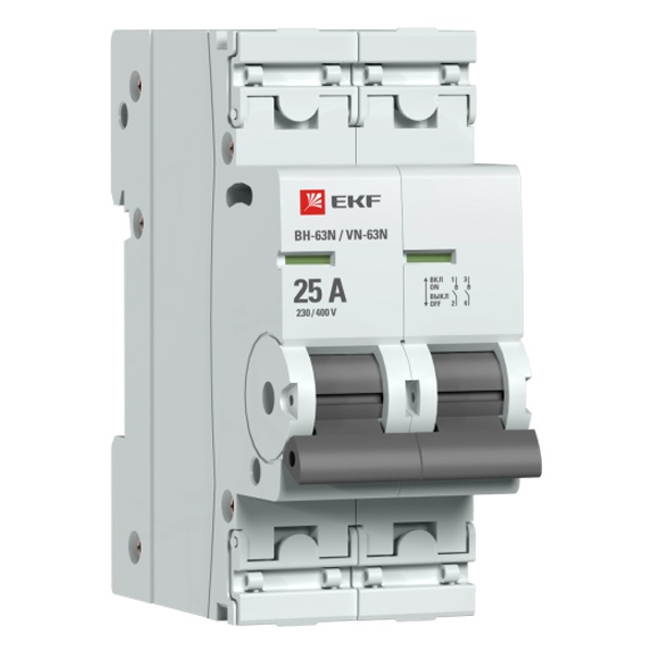Рубильник модульный EKF PROxima ВН-63N (New) 2P 25А однофазный (выключатель нагрузки)