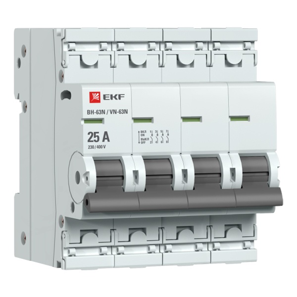 Рубильник модульный EKF PROxima ВН-63N (New) 4P 25А трехфазный (выключатель нагрузки)