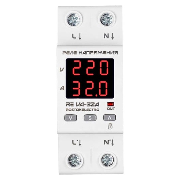 Однофазное реле контроля напряжения c контролем тока Rostokelectro RE VA-32A на DIN-рейку