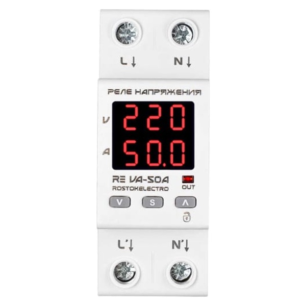 Однофазное реле контроля напряжения c контролем тока Rostokelectro RE VA-50A на DIN-рейку