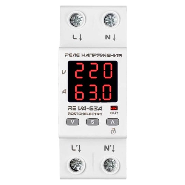 Однофазное реле контроля напряжения c контролем тока Rostokelectro RE VA-63A на DIN-рейку