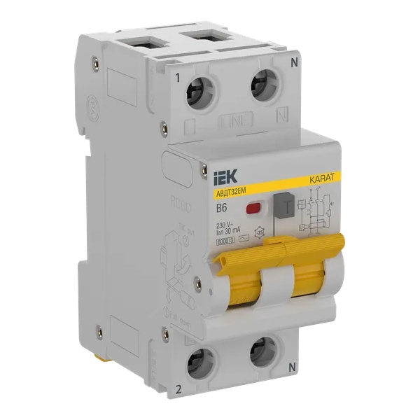Дифференциальный автомат ИЭК АВДТ32EM 2П В6А 30мА тип AC однофазный электромеханический 6кА (дифавтомат, АВДТ)