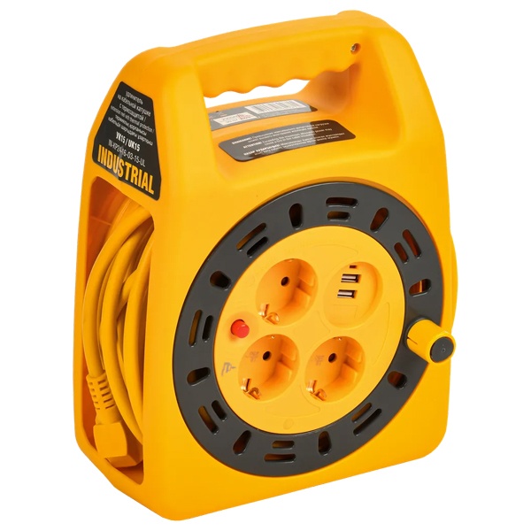 Катушка ИЭК Industrial УК15 3 места заземление термозащита 2P+PE 15м 3х1,5мм2 USBх2 прожектор LED