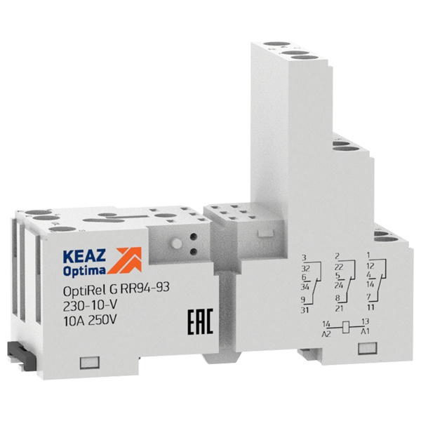 Розетка КЭАЗ OptiRel G RR94-93-230-10-V винтовой зажим для реле RP55-33 3НО/НЗ 10А 5–230AC/DC