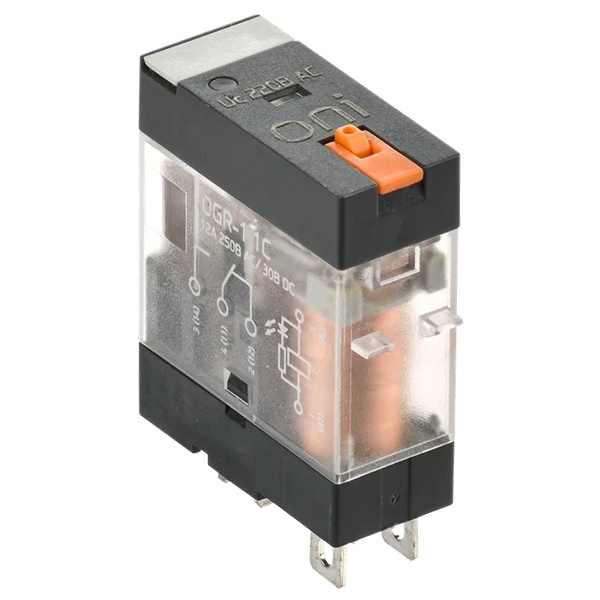 Реле общего назначения ONI (ИЭК) OGR-1 12A 1NO/NC 220В AC со светодиодом и тестовой кнопкой