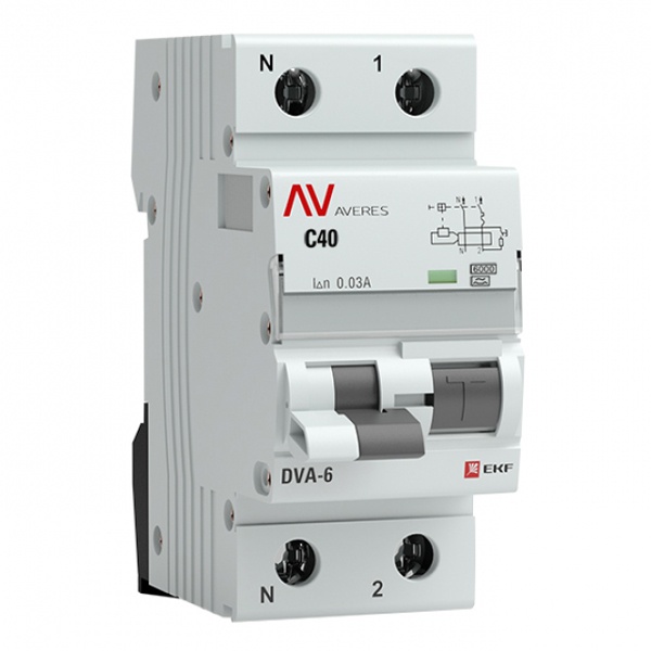 Дифавтомат EKF AVERES DVA-6 C40А 1P+N 30мА тип A однофазный электромеханический 6кА (дифференциальный автомат, АВДТ)