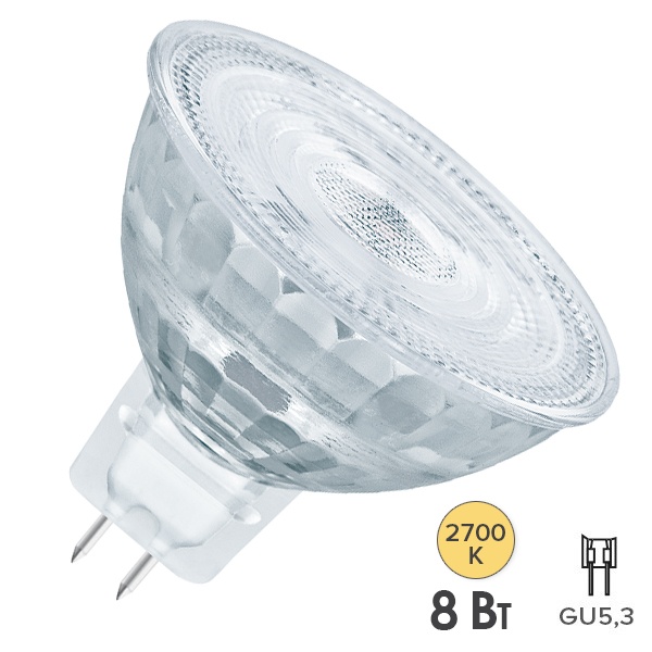 Лампа светодиодная Osram LED Superstar Plus MR16 8W/927 (50W) 2700K 12V GU5.3 36° DIM 561Lm стекло