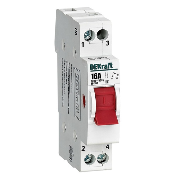 Рубильник реверсивный DEKraft ВР-103 модульный 1P 16А трехпозиционный (выключатель нагрузки)