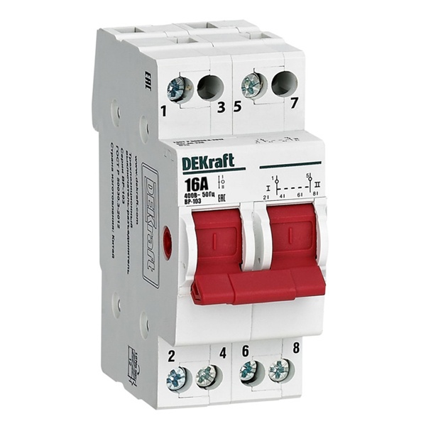 Рубильник реверсивный DEKraft ВР-103 модульный 2P 16А трехпозиционный (выключатель нагрузки)