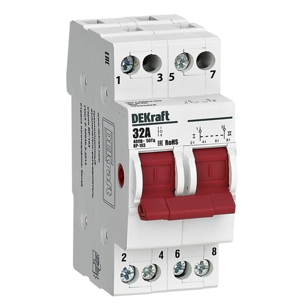 Рубильник реверсивный DEKraft ВР-103 модульный 2P 32А трехпозиционный (выключатель нагрузки)