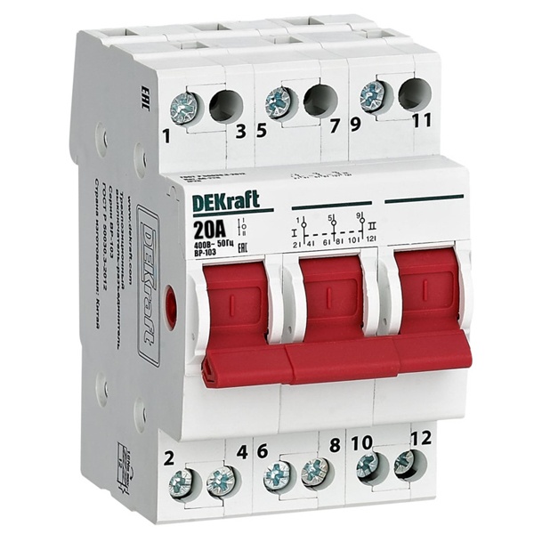 Рубильник реверсивный DEKraft ВР-103 модульный 3P 20А трехпозиционный (выключатель нагрузки)