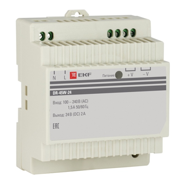 Блок питания EKF PROxima DR-45W-24 45Вт вход 100-240В АС стабилизированный выход 24В DC