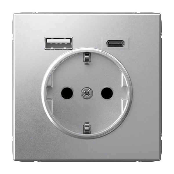 Зарядка USB с розеткой 2P+E SE ArtGallery тип-А и тип-C 5В/2,4А/3,0А, 2х5В/1,5 алюминий