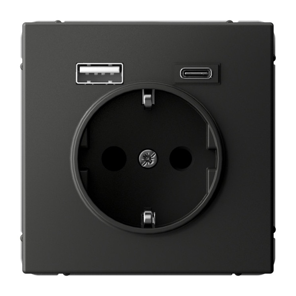 Зарядка USB с розеткой 2P+E SE ArtGallery тип-А и тип-C 5В/2,4А/3,0А, 2х5В/1,5 базальт