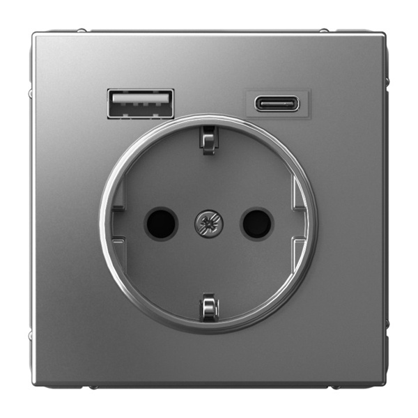 Зарядка USB с розеткой 2P+E SE ArtGallery тип-А и тип-C 5В/2,4А/3,0А, 2х5В/1,5 сталь