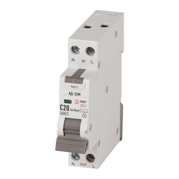 Дифференциальный автомат ЭРА Pro АД-32M электронный С20А 30мА тип AC 1P+N 6кА одномодульный (дифавтомат, АВДТ)