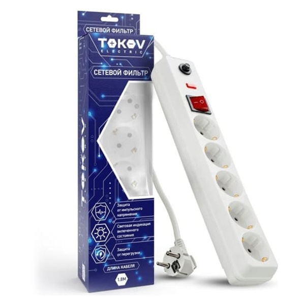 Сетевой фильтр Tokov Electric 5х2P+PE 16А выключатель, защита от перегрузки 1,8м 3х1мм2 белый