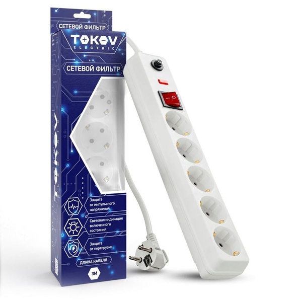 Сетевой фильтр Tokov Electric 5х2P+PE 16А выключатель, защита от перегрузки 5м 3х1мм2 белый