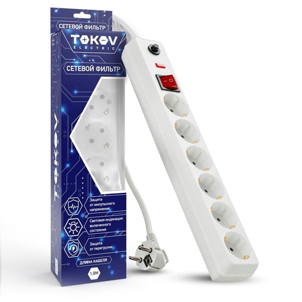 Сетевой фильтр Tokov Electric 6х2P+PE 16А выключатель, защита от перегрузки 5м 3х1мм2 белый