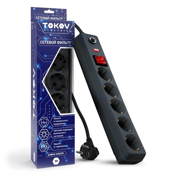 Сетевой фильтр Tokov Electric 5х2P+PE 16А выключатель, защита от перегрузки 3м 3х1мм2 черный