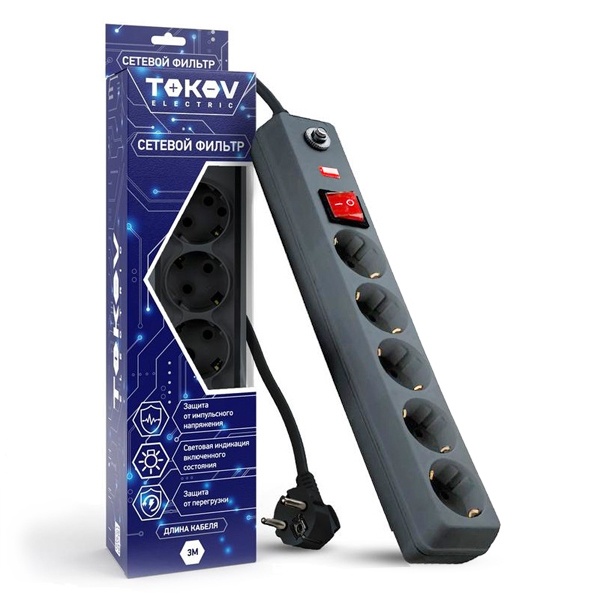 Сетевой фильтр Tokov Electric 5х2P+PE 16А выключатель, защита от перегрузки 1,8м 3х1мм2 серый