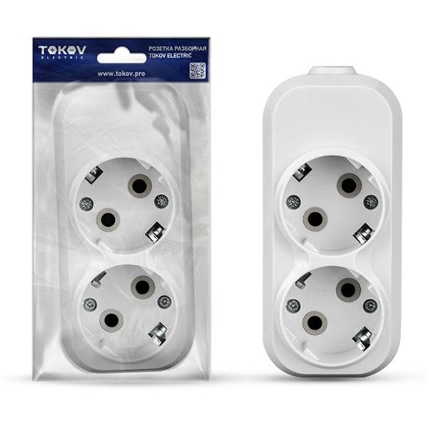 Колодка электрическая Tokov Electric на 2 розетки 16А с заземлением белая
