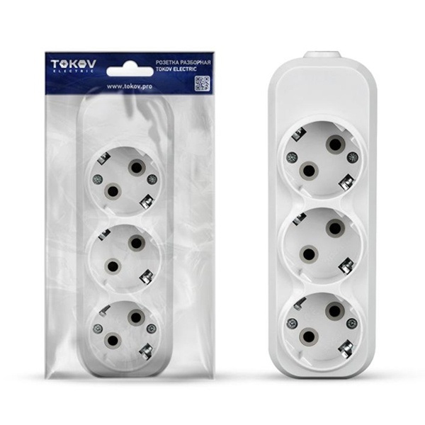Колодка электрическая Tokov Electric на 3 розетки 16А с заземлением белая