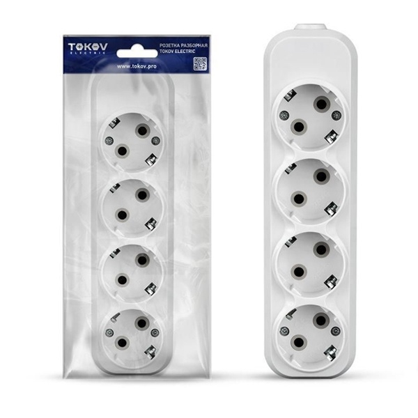 Колодка электрическая Tokov Electric на 4 розетки 16А с заземлением белая