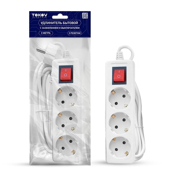 Удлинитель Tokov Electric 3х2P+PE с выключателем 3м 3х1мм2 16А/250В белый