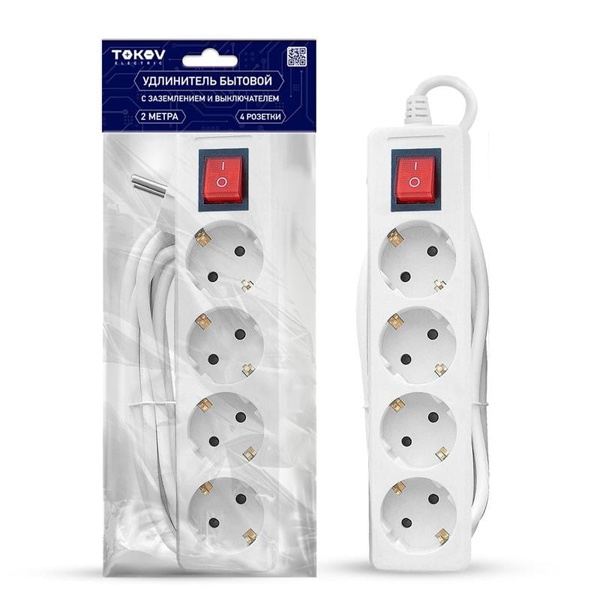 Удлинитель Tokov Electric 4х2P+PE с выключателем 2м 3х1мм2 16А/250В белый