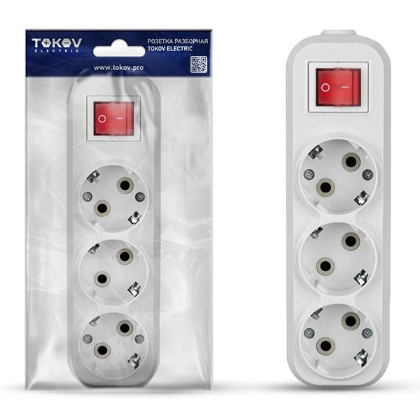 Колодка электрическая Tokov Electric на 3 розетки 16А с заземлением и выключателем белая