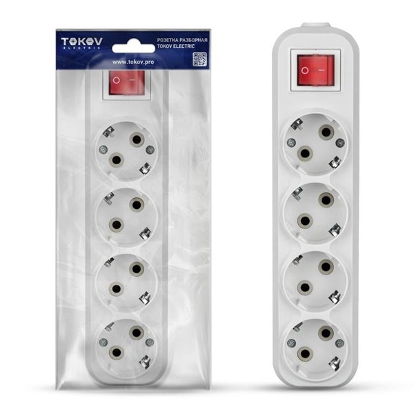 Колодка электрическая Tokov Electric на 4 розетки 16А с заземлением и выключателем белая