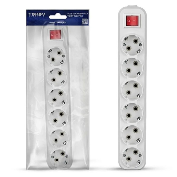 Колодка электрическая Tokov Electric на 6 розеток 16А с заземлением и выключателем белая