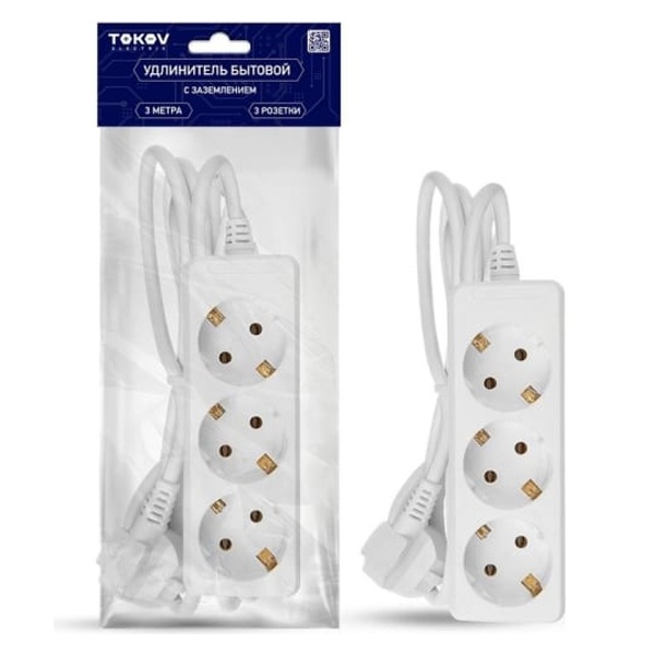 Удлинитель Tokov Electric 3х2P+PE с заземлением 3м 3х1мм2 16А/250В белый