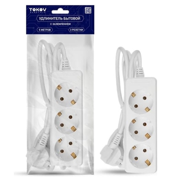Удлинитель Tokov Electric 3х2P+PE с заземлением 5м 3х1мм2 16А/250В белый