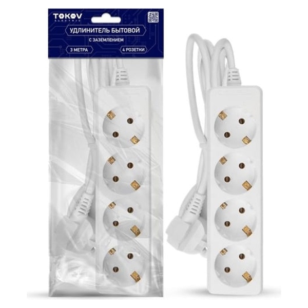 Удлинитель Tokov Electric 4х2P+PE с заземлением 3м 3х1мм2 16А/250В белый