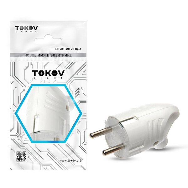 Вилка угловая с заземлением Tokov Electric TKL-PLUZR-C01 16А 250В с кольцом (ушком) белый