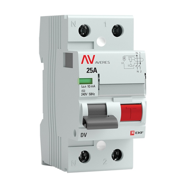 Устройство защитного отключения УЗО EKF AVERES DV 2P 25А 10мА (электромеханическое) АС (ВДТ)