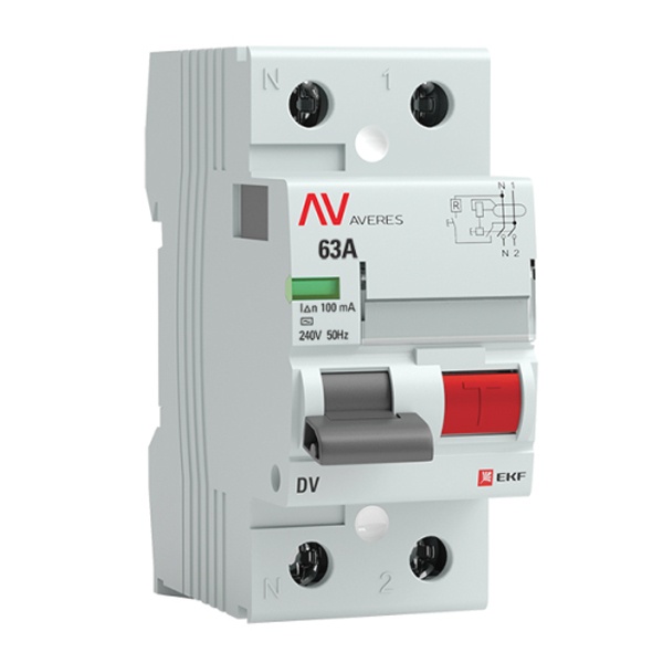 Устройство защитного отключения УЗО EKF AVERES DV 2P 63А 100мА (электромеханическое) АС (ВДТ)