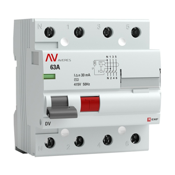 Устройство защитного отключения УЗО EKF AVERES DV 4P 63А 30мА (электромеханическое) АС (ВДТ)