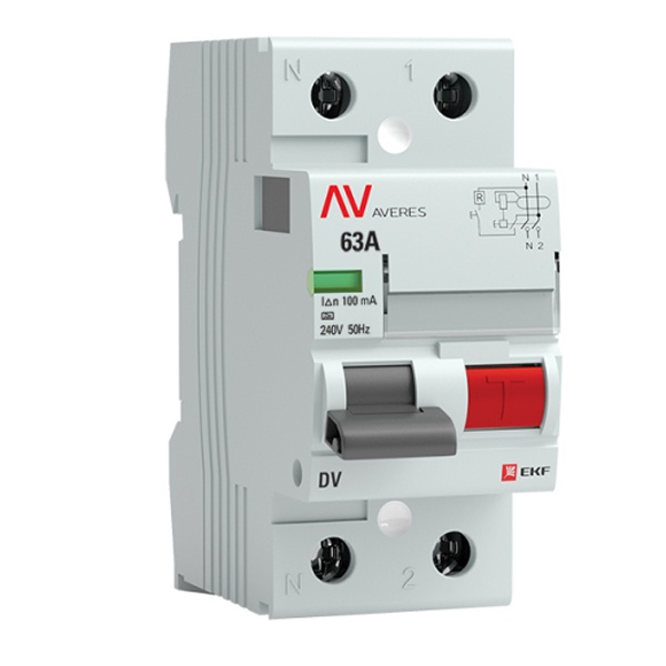 Устройство защитного отключения УЗО EKF AVERES DV 2P 63А 100мА (электромеханическое) А (ВДТ)