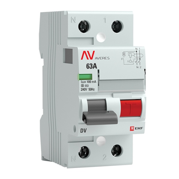 Устройство защитного отключения селективное УЗО EKF AVERES DV 2P 63А 100мА (электромеханическое) АС (ВДТ)