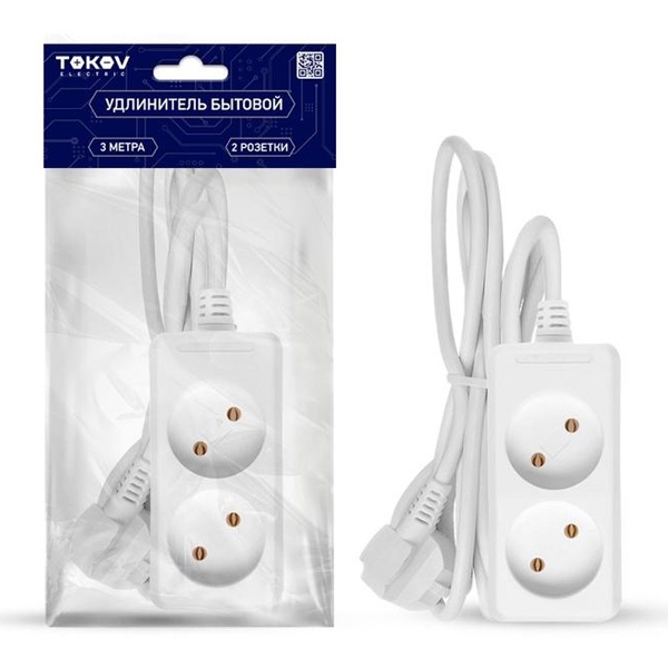 Удлинитель Tokov Electric 2х3 м без заземления 10А 2х0.75 мм белый