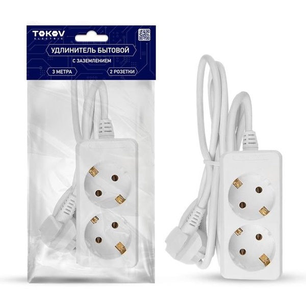 Удлинитель Tokov Electric 2х3 м с заземлением 10А 3х0.75 мм белый