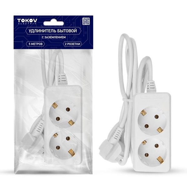 Удлинитель Tokov Electric 2х5 м с заземлением 10А 3х0.75 мм белый