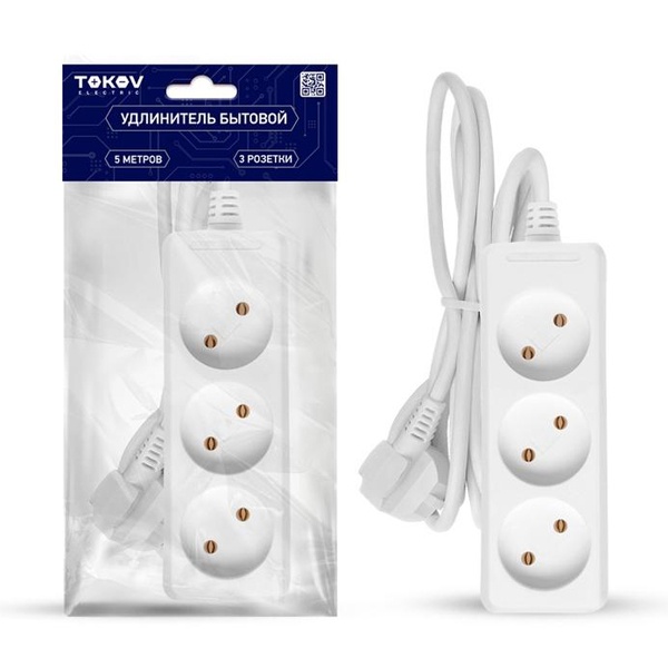 Удлинитель Tokov Electric 3х5 м без заземления 10А 2х0.75 мм белый