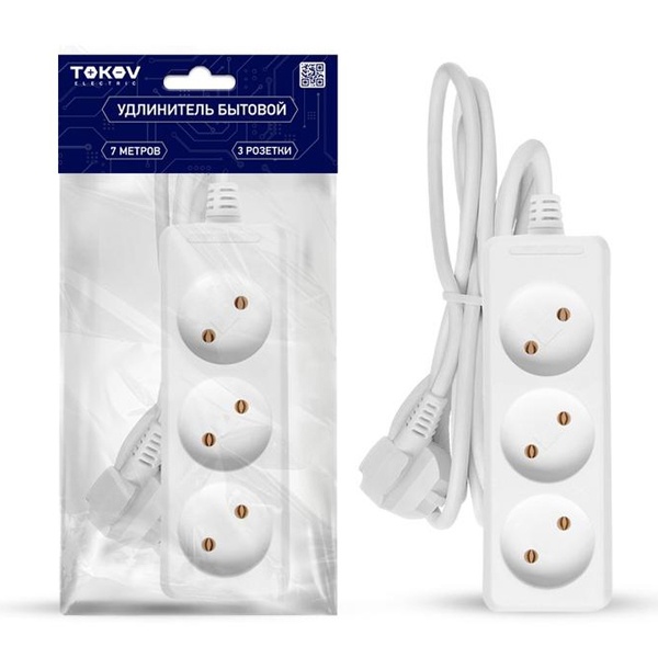 Удлинитель Tokov Electric 3х7 м без заземления 16А 2х1 мм белый