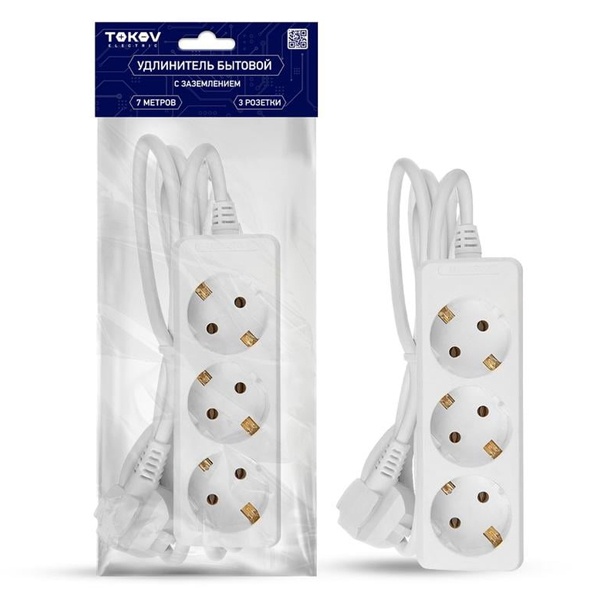Удлинитель Tokov Electric 3х7 м с заземлением 16А 3х1 мм белый
